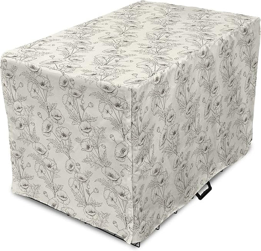 Ambesonne Botanical Dog Crate Cover, Floral Theme Poppy Flowers and Buds Pattern Doodle Style Garden Leaf Motifs, Easy to Use Pet Kennel Cover for Medium Large Dogs, 42 Inch, Dark Brown White