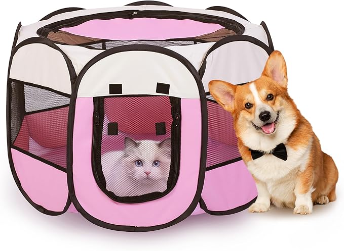 Portable Dog Playpen, Pet Play Pen for Indoor Outdoor Cat, Adult Kitten/Puppy Exercise Playpen Tent Birthing Box, Waterproof Travel Dog Camping Cage for Medium Large Dog Animal House (Pink)