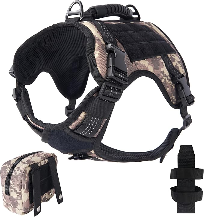 Tactical Dog Harness, Heavy Duty Dog Harness,Adjustable Breathable Pet Harness with MOLLE Panel, Small Pouch, and Bottle Holder,for Large Dogs, Camouflage L