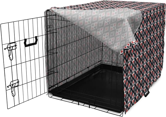 Lunarable Casino Dog Crate Cover, with Geometrical Design and Mosaic Composition Gamblers Club, Easy to Use Pet Kennel Cover for Cats & Medium Dogs, 30 Inch, Black Red Grey