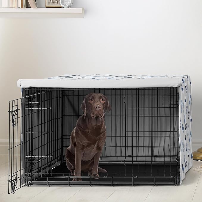 Sweet Jojo Designs 42in. Medium/Large Dog Crate Cover (Bones and Paw Prints) for Boys Pet Cage, Kennel Covers (Modern, Cartoon, Doggy, Puppy, Neutral, Paws Print, Whimsical, Playful, Slate Navy Blue)