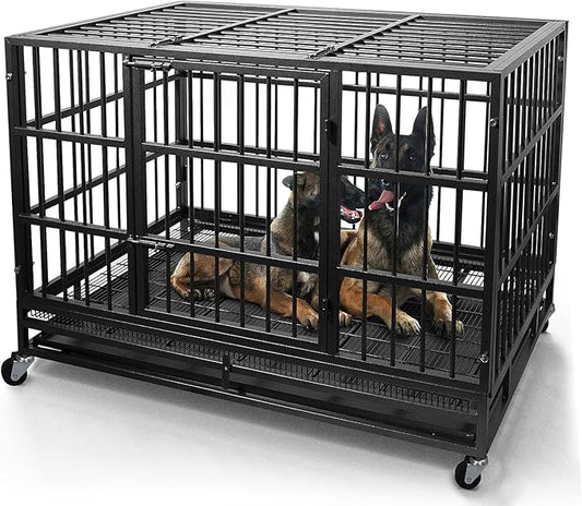 48/38 Inch Heavy Duty Dog Crate Cage Kennel with Wheels, High Anxiety Indestructible, Sturdy Locks Design, Double Door and Removable Tray, Extra Large XL XXL