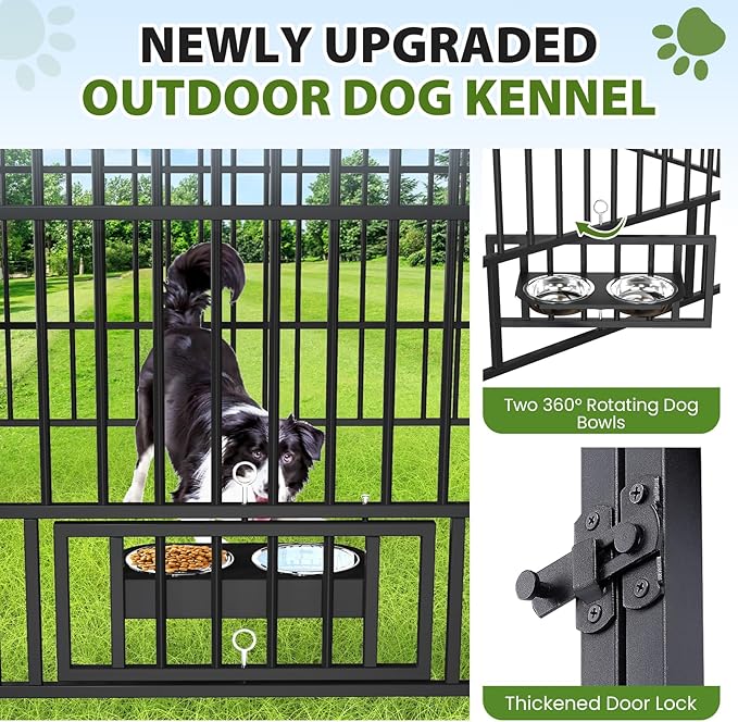 Rovibek Outdoor Dog Kennel with Roof, Dog Kennel Outside with 3 Sides Sun-Proof Cover, Large Outdoor Dog Playpen, Dog Run Enclosure with 2 Rotating Bowl for Small Medium Large Dogs