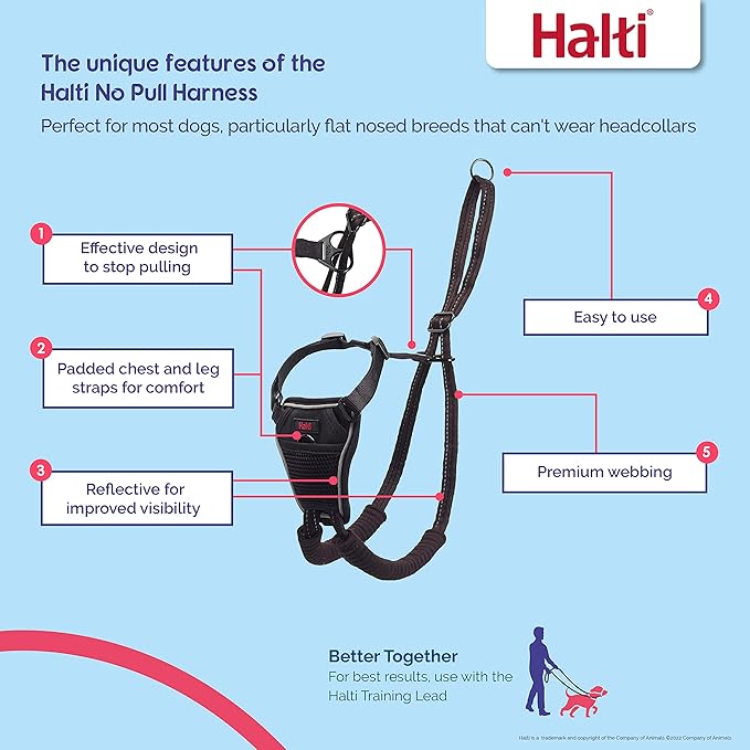 HALTI No Pull Harness Size Medium & HALTI Training Leash Size Large, Black Combination Pack - Stop Your Dog Pulling on The Leash. Adjustable, Lightweight and Easy to Use. Suitable for Medium Dogs