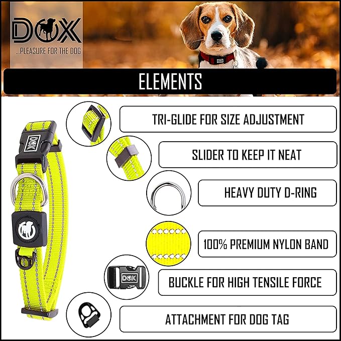 DDOXX Reflective Nylon Dog Collar - Strong and Adjustable Collars Dogs - S (Yellow)