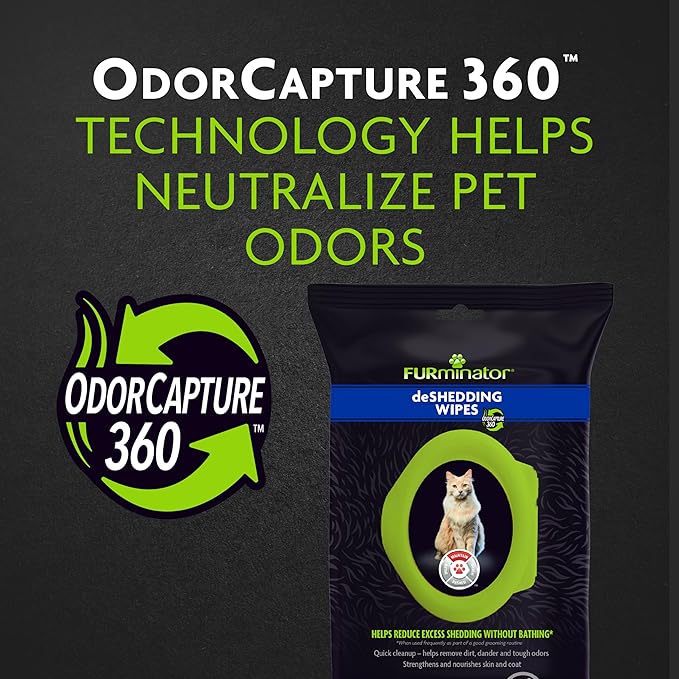 Furminator DeShedding Grooming Wipes for Cats Refresh and Deodorize Coat Without Bathing, 50 Count