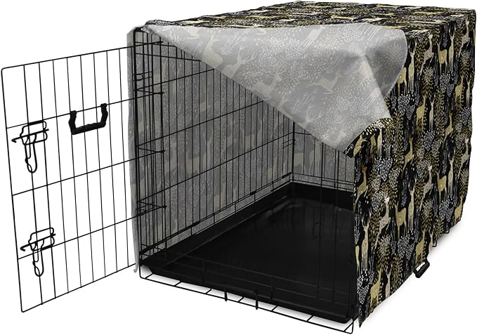 Ambesonne Christmas Dog Crate Cover, Nature Woodland and Deer Silhouettes with Oriental Ornaments Design, Easy to Use Pet Kennel Cover for Medium Large Dogs, 36 Inch, Yellow White Black