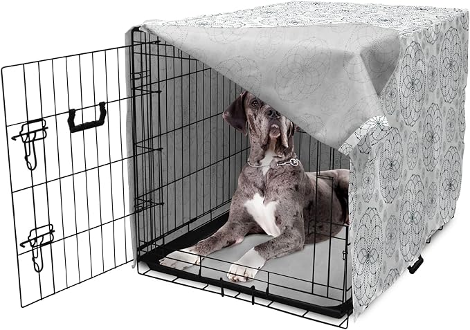 Ambesonne Sacred Geometry Dog Crate Cover, Circular Formations with Dots Flower Like Elements Design Print, Easy to Use Pet Kennel Cover for Medium Large Dogs, 48 Inch, Dark Petrol Blue White