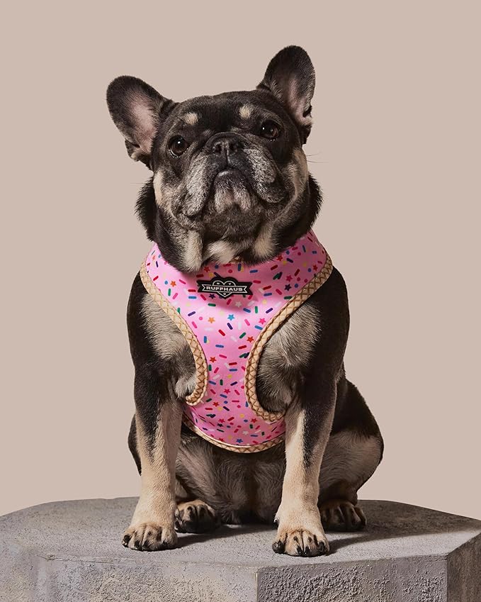 Ruffhaus NYC Pink Sprinkles Reversible Dog Harness, Ice Cream Waffle Cone, Banana Split Printed No Pull Harness Puppy Gift Girl Dog Birthday & Gotcha Day X-Small