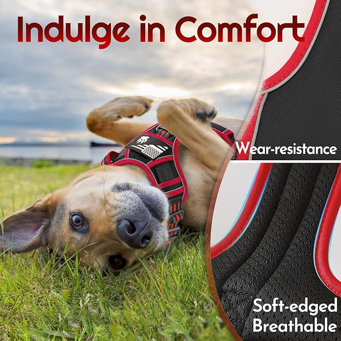 Eagloo Dog Harness Medium Sized, Easy Wearing with 3 Buckles, Adjustable No Pull Pet Harness with 2 Rings for Walking, No Chock Reflective Soft Padded Vest with Control Handle, Black & Red, M