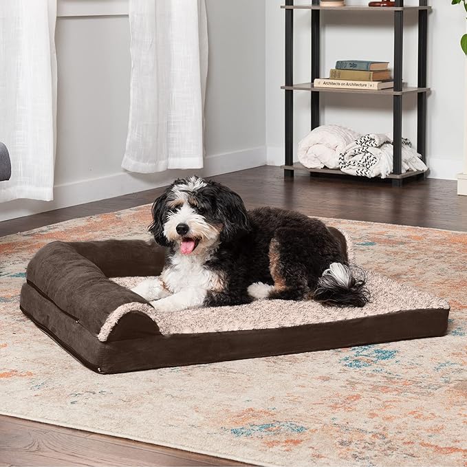 Furhaven Orthopedic Dog Bed for Large/Medium Dogs w/ Removable Bolsters & Washable Cover, For Dogs Up to 55 lbs - Two-Tone Plush Faux Fur & Suede L Shaped Chaise - Espresso, Large