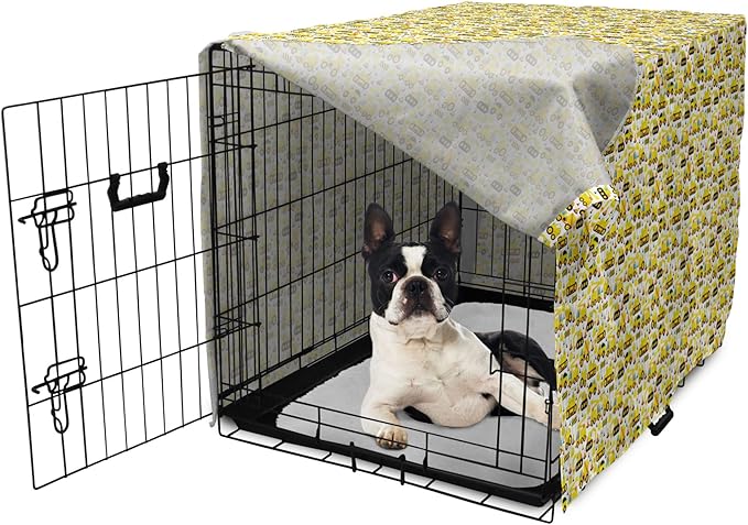 Lunarable Cartoon Dog Crate Cover, Construction Vehicles Style Machines Safety Building Theme, Easy to Use Pet Kennel Cover for Small Dogs Puppies Kittens, 22 Inch, Yellow White Black