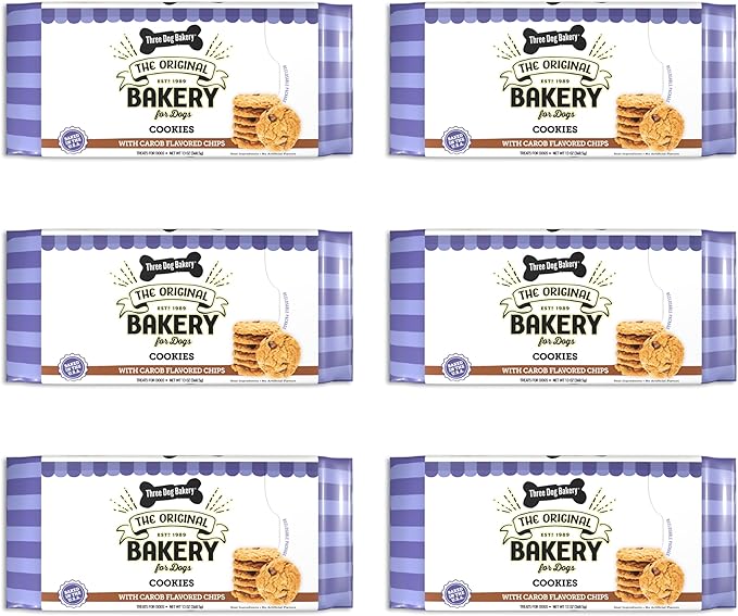 Three Dog Bakery Cookies with Carob Flavored Chips, Premium Treats for Dogs, 13 Ounce Package, 6-Pack