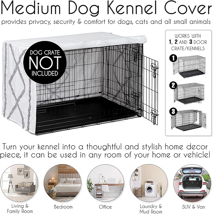 Sweet Jojo Designs White and Grey Bohemian Boho Chic Boy Girl Gender Neutral Unisex Dog Crate Cover – Kennel Covers 36 Inch Pet Cage Medium Farmhouse Shabby Designer Modern Elegant Geometric Textured