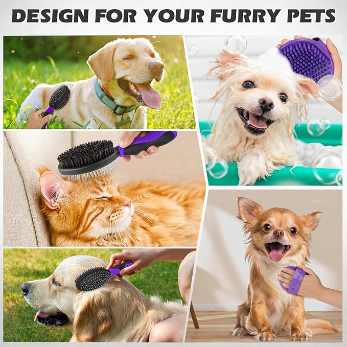 2PCS Dog Grooming Tools - Double-Sided Bath Brush for Shedding and Bathing - Cat Brushes, Suitable for Short/Long Haired Dogs, Premium Pet Supplies (Black Purple)