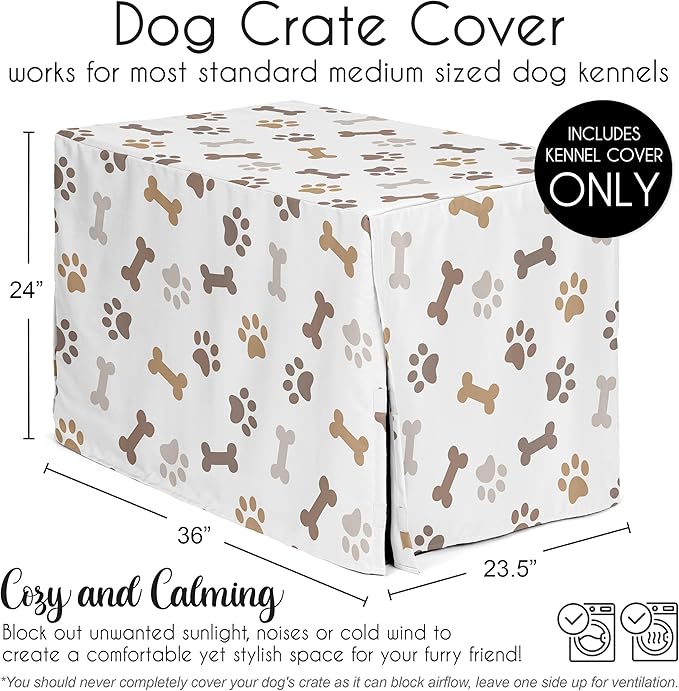 Sweet Jojo Designs 36in. Medium Dog Crate Cover (Bones and Paw Prints) Pet Cage, Kennel Covers (Modern, Cartoon, Doggy, Puppy, Neutral, Paws Print, Whimsical, Brown, Tan, Grey, Taupe and Off White)