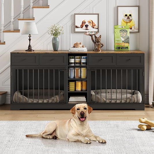 82” Double Dog Crate Furniture, Large Dog Kennel Indoor for 2 Dogs, Heavy Duty Wooden Dog Crate TV Stand with 4 Drawers and Shelves, Black