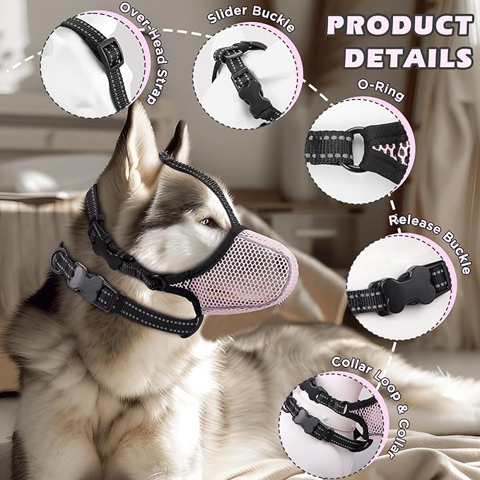 Dog Muzzle,Mesh Soft Muzzle for Small Medium Large Sized Dogs, Breathable Reflective Adjustable Puppy Muzzles with Collar for Scavenging Grooming Biting Chewing,Allows Panting and Drinking(Pink M)