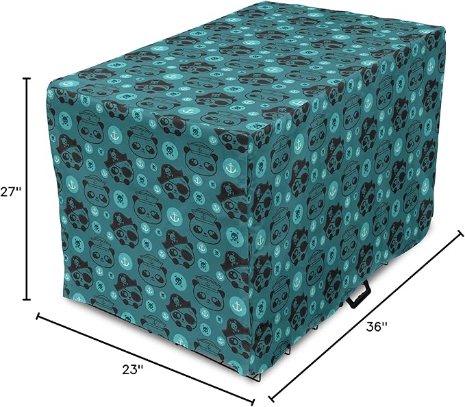 Lunarable Panda Dog Crate Cover, Pirate and Sailor Bears Skulls on Crossed Bones Anchors Within Circles, Easy to Use Pet Kennel Cover for Medium Large Dogs, 36 Inch, Teal Turquoise Black