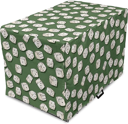 Lunarable Casino Dog Crate Cover, Cartoon Style Dices Pattern on Green Background Chance Game Lucky Jackpot, Easy to Use Pet Kennel Cover for Cats & Medium Dogs, 30 Inch, Green Cream Black