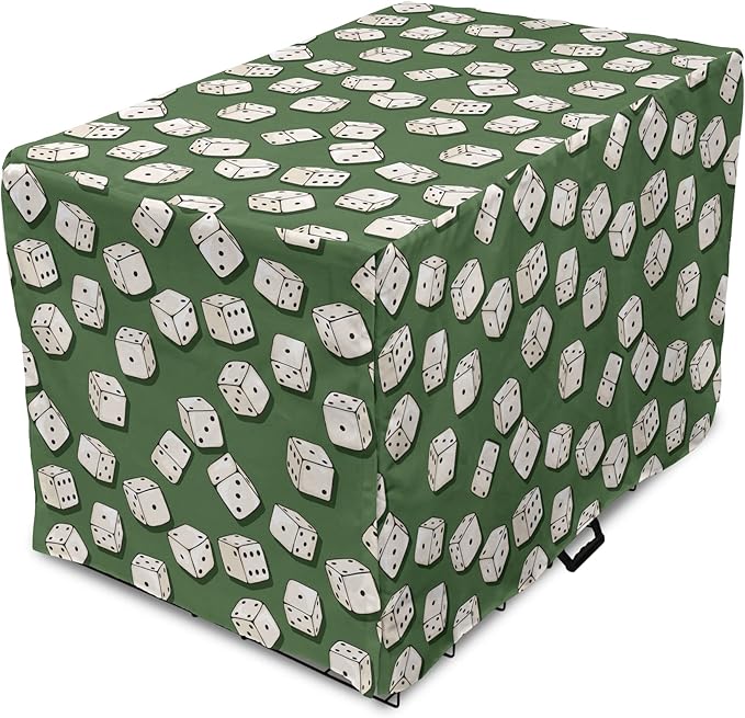 Lunarable Casino Dog Crate Cover, Cartoon Style Dices Pattern on Green Background Chance Game Lucky Jackpot, Easy to Use Pet Kennel Cover for Small Dogs Puppies Kittens, 18 Inch, Green Cream Black
