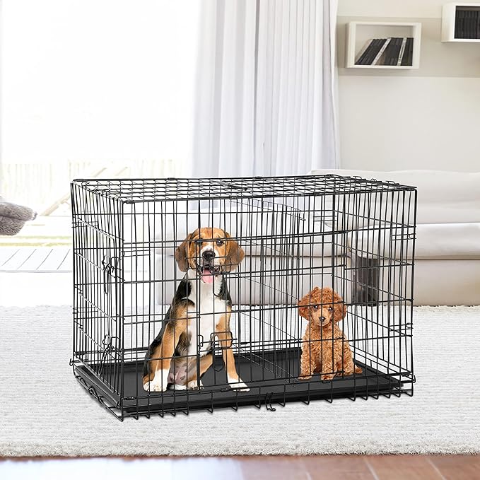 24/7 Shop at Home Gossamer Metal Double Door Folding Wire Pet Crate with Divider, Removable Tray, and Handle for Outdoor and Indoor Medium Dog, 48-inch, Black