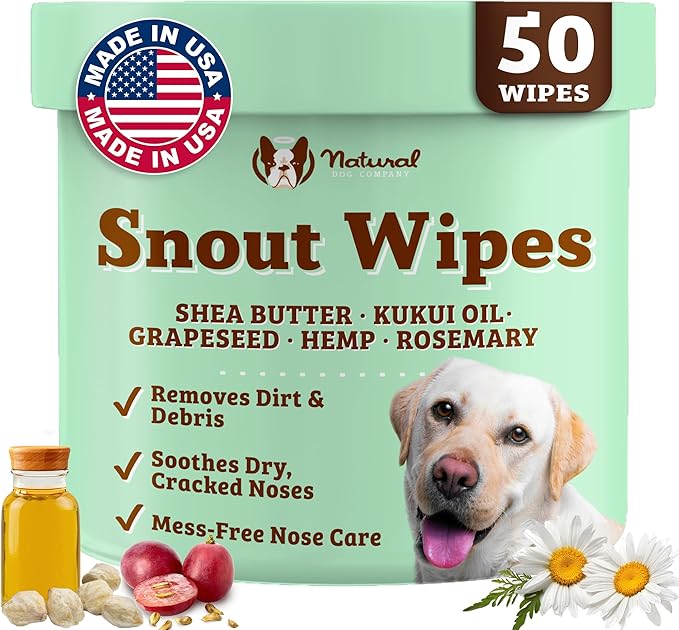 Natural Dog Snout Wipes, 50 Count - Snout Dog Wipes for Cleaning and Soothing, Natural, Non-Toxic Dog Care Products, Kukui Oil Infused, Snout Soother Wipes, Nourishing and Moisturizing Wipes for Dogs