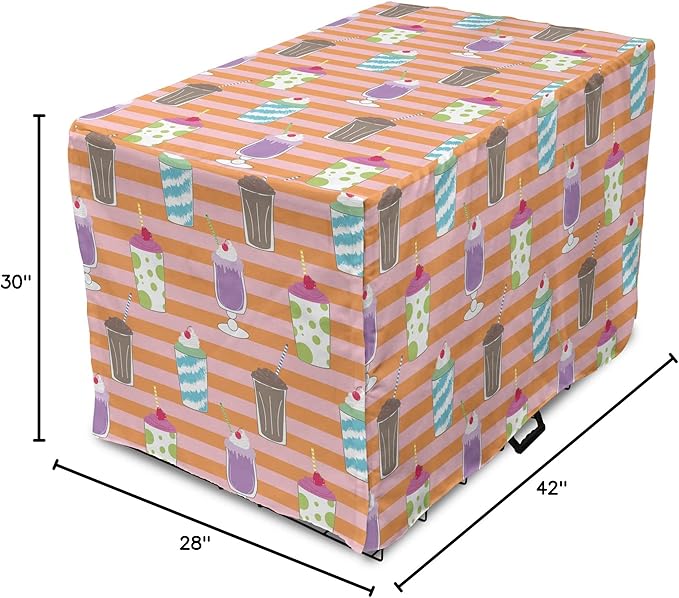 Lunarable Drinks Dog Crate Cover, Colorful Ice Cream Milkshake Creamy on a Striped Background, Easy to Use Pet Kennel Cover for Medium Large Dogs, 42 Inch, Salmon Pale Pink