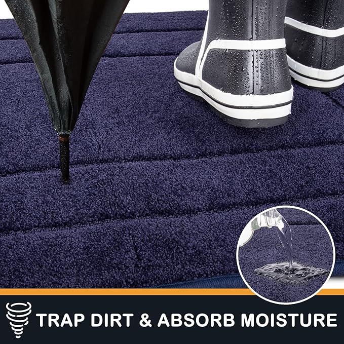 PURRUGS Dirt Trapper Door Mat 32" x 47.5", Non-Slip/Skid Machine Washable Entryway Rug, Dog Door Mat, Super Absorbent Welcome Mat for Muddy Wet Shoes and Paws, Navy Blue