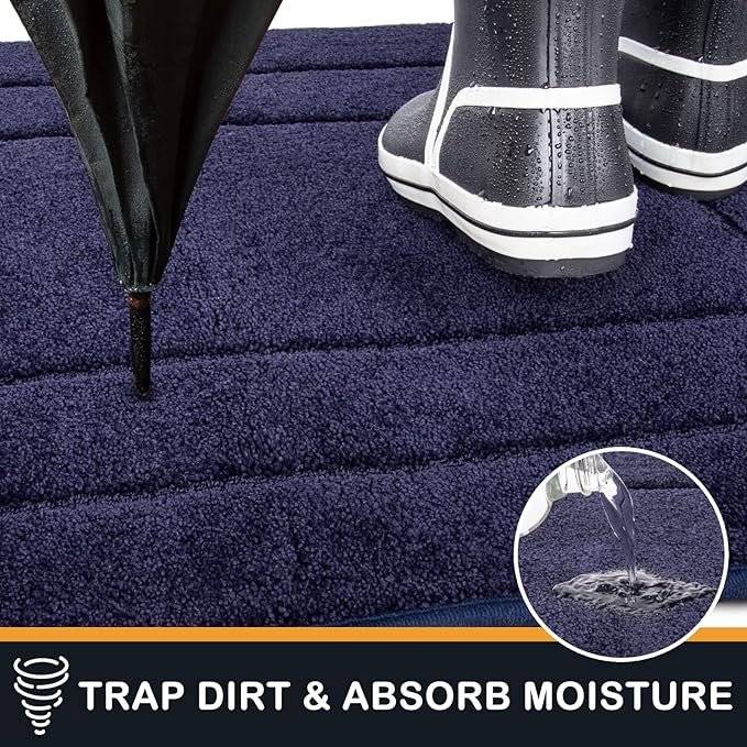 PURRUGS Dirt Trapper Door Mat 32" x 70", Non-Slip/Skid Machine Washable Entryway Rug, Dog Door Mat, Super Absorbent Welcome Mat for Muddy Wet Shoes and Paws, Navy Blue