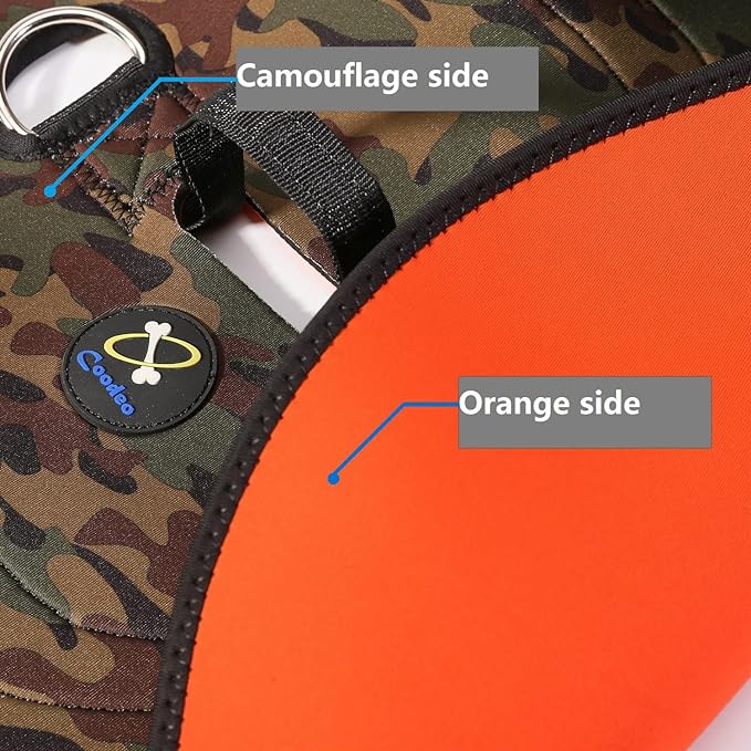 Coodeo Dog Hunting Vest Orange, Camo and Reversible Reflective Dog Tactical Harness Hound Jacket for Protection and Security, 4.5mm Neoprene Waterproof Safety Dog Vest Both Sides to Wear (X-Large)