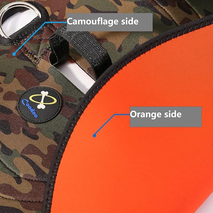 Coodeo Dog Hunting Vest Orange, Camo and Reversible Reflective Dog Tactical Harness Hound Jacket for Protection and Security, 4.5mm Neoprene Waterproof Safety Dog Vest Both Sides to Wear (Medium)