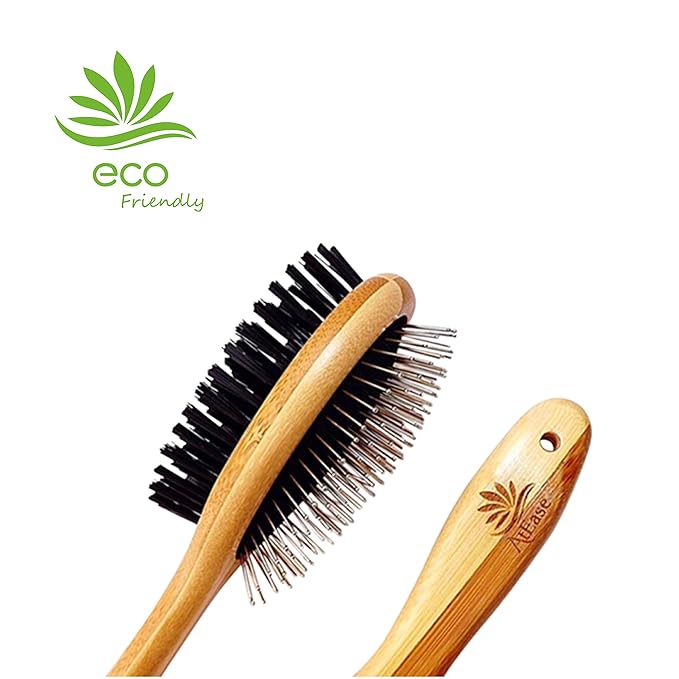 Double Sided Dog Brush - for Long or Short Haired Dogs and Cats Natural Bamboo Eco Friendly Pet Grooming Dual Sided Pin and Bristles for Deshedding Hair