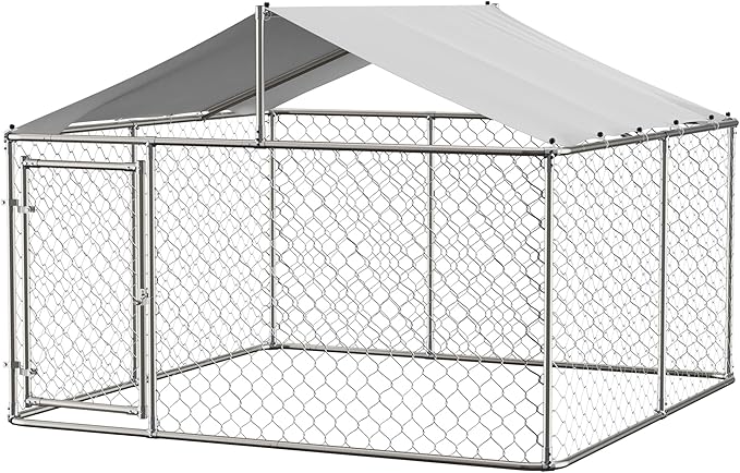 Outdoor Dog Enclosure,Heavy Duty Dog Kennel House Mesh Outside,Galvanized Chain Link Dog Run with Roof,Dog Cage Large Dogs,Dog Pen,Pet Kennel W/Waterproof Anti-UV Cover&Secure Lock for Large Dog