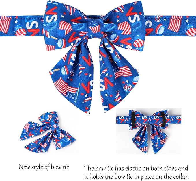 Lionet Paws Patriotic Dog Collar with Sailor Bow, 4th of July, Soft and Comfortable Adjustable American Flag Collar for Dogs, Medium, Neck 13.5-22 inches