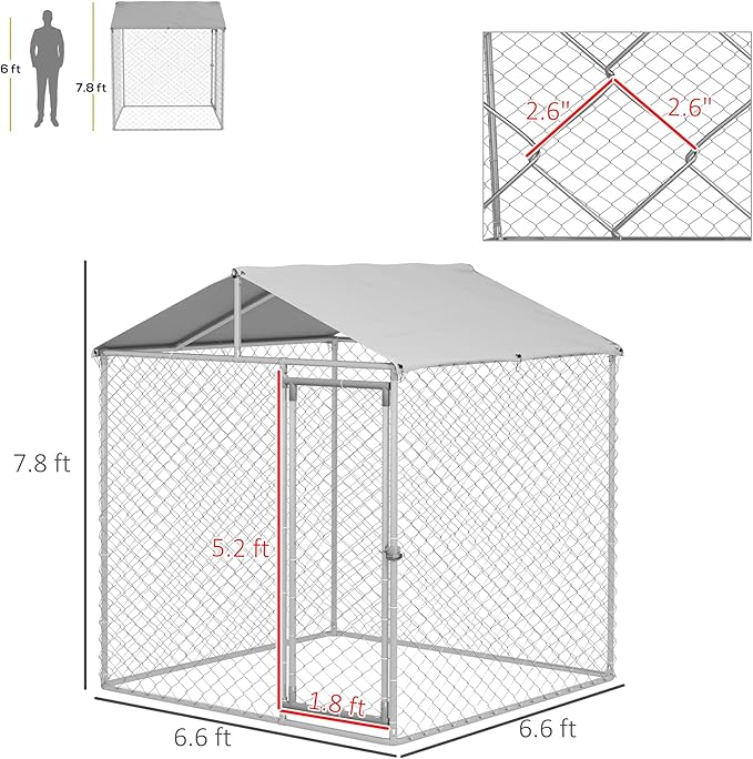 PawHut Large Dog Kennel Outside, Heavy Duty Dog Cage with Waterproof Cover, Outdoor Fence Dog Run with Galvanized Chain Link, Secure Lock, 6.6' x 6.6' x 7.8'
