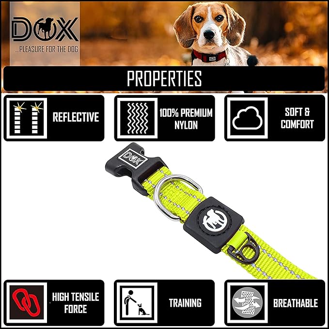 DDOXX Reflective Nylon Dog Collar - Strong and Adjustable Collars Dogs - M (Yellow)