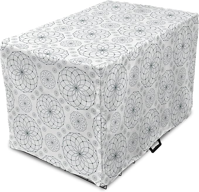Ambesonne Sacred Geometry Dog Crate Cover, Circular Formations with Dots Flower Like Elements Design Print, Easy to Use Pet Kennel Cover for Medium Large Dogs, 36 Inch, Dark Petrol Blue White