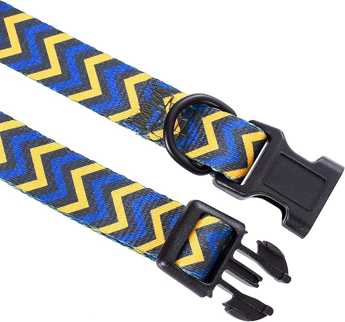 Mile High Life Dog Collar | Cute Puppy Collars | Lightweight Girl Dog Collar | Soft Boy Dog Collars | w Geometric Ocean Wavy Pattern (Blue/Yellow, Medium)