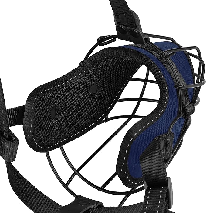 OOPSDOGGY Pitbull Dog Muzzle Reflective Metal Mask Secure Wire Basket Muzzle for Large Sized Dogs Amstaff Soft Cage Muzzle to Prevent Biting Chewing with Adjustable Nylon Straps (Blue, Pitbull)