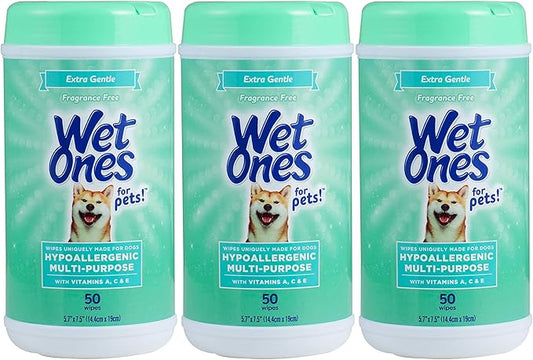 Wet Ones for Pets Multi-Purpose Dog Wipes with Vitamins A, C & E | Fragrance-Free Dog Wipes for All Dogs Wipes Multipurpose | 50 Count Canister - 3 Pack
