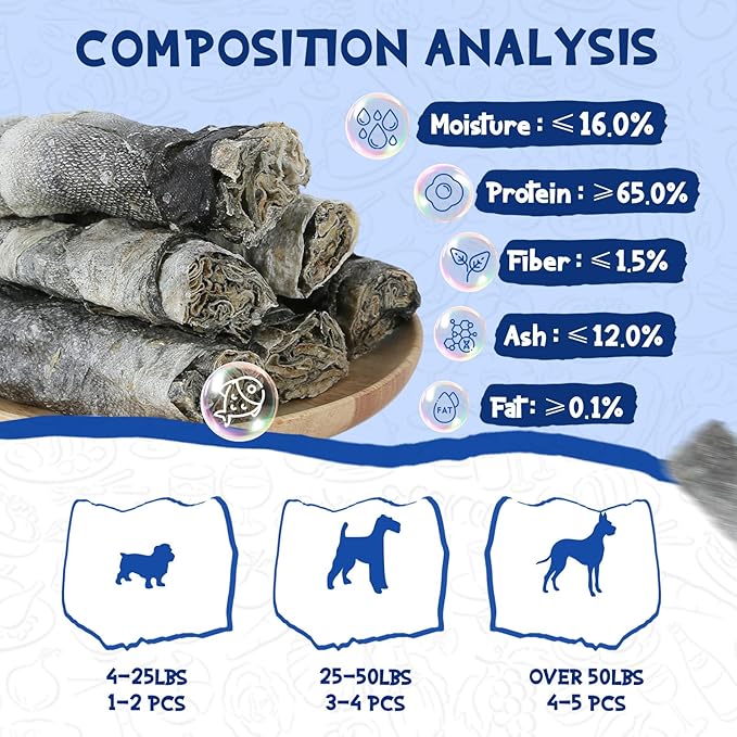 Cod Skin Dog Treats Natural Fish Skin Roll Dog Snacks w/Taurine, Single Ingredient Cod Skin Chews, Rich in Omega 3, 16.2 oz
