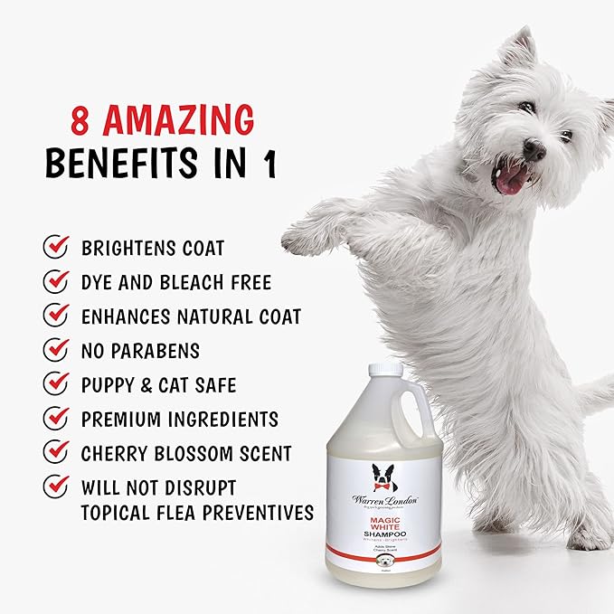 Warren London - Magic Bright Dog Shampoo, Whitening Shampoo for White Dogs & Lighter Dog Coats, Grooming Supplies are Puppy and Cat Safe, Cherry Blossom Scent, 128 Ounce, Made in USA