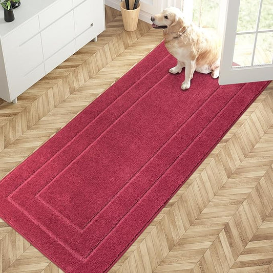 PURRUGS Dirt Trapper Door Mat 32" x 70", Non-Slip/Skid Machine Washable Entryway Rug, Dog Door Mat, Super Absorbent Welcome Mat for Muddy Wet Shoes and Paws, Burgundy Red