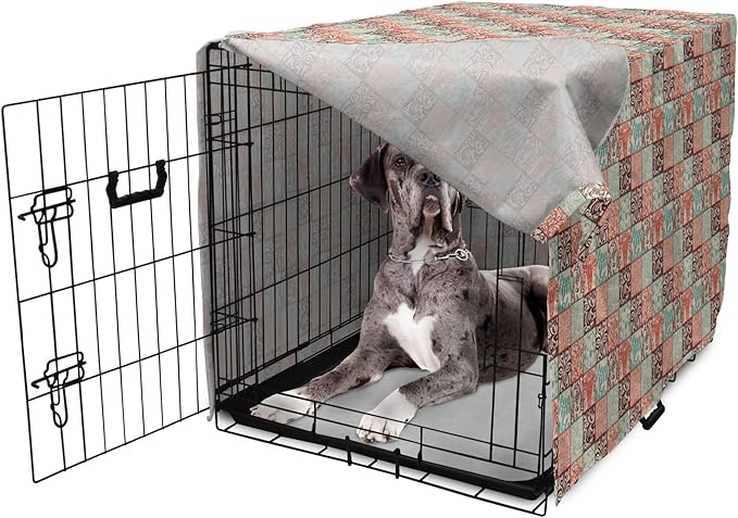 Lunarable Geometric Dog Crate Cover, Western Style Floral Motifs with Vintage Look in Checks, Easy to Use Pet Kennel Cover for Medium Large Dogs, 48 Inch, Brown Vermilion
