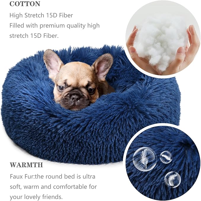 Small Dog Bed for Calming Dog 19 inches Navy Blue Puppy Bed for Extra Small Dog Bed Washble Anti-Anxiety Puppy Bed Machine Washable Cozy Soft Pet Round Bed Fits up to 15 lbs.