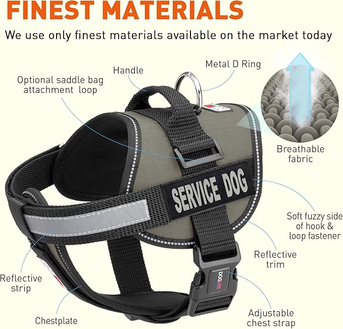 Dogline Unimax Dog Harness Vest with Service Dog Patches Reflective No-Pull, Adjustable Straps, Breathable Neoprene for Medical, Service, Identification and Training Dogs Girth 18 to 25" Gray