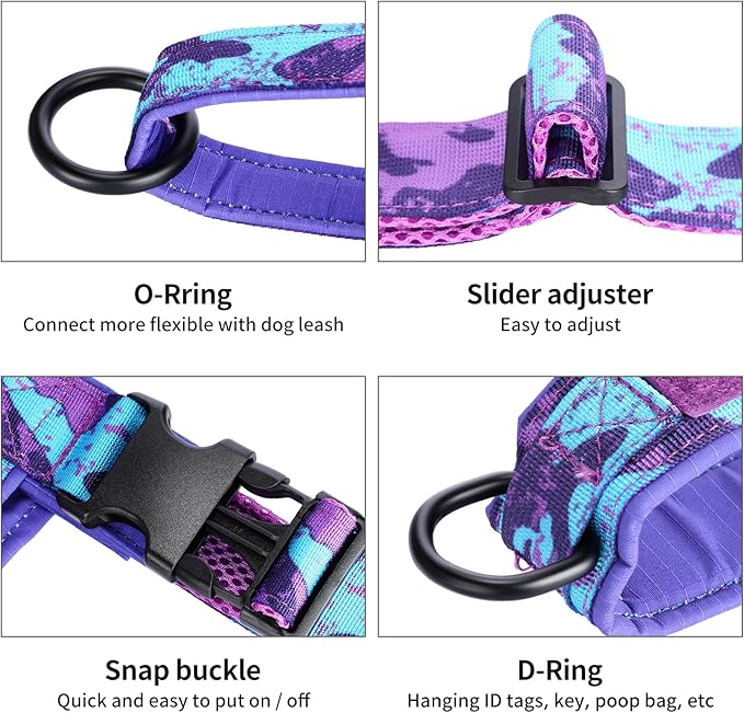 Annchwool No Pull Dog Harness with Padded Handle+5 Ft Leash,Escape Proof and Quick Fit to Adjust Dog Harness,Easy for Training Walking for Small & Medium and Large Dog(Camo Purple Set,S)