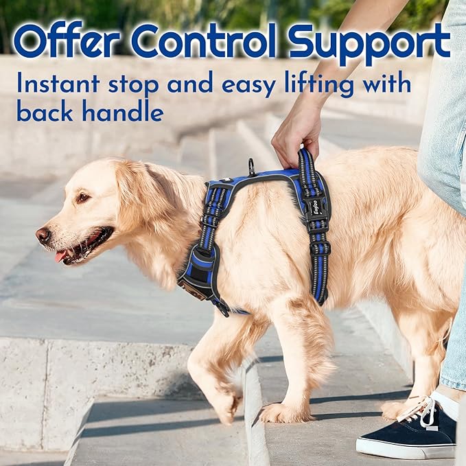 Eagloo Dog Harness Medium Sized, Easy Wearing with 3 Buckles, Adjustable No Pull Pet Harness with 2 Rings for Walking, No Chock Reflective Soft Padded Vest with Control Handle, Blue & Black, M