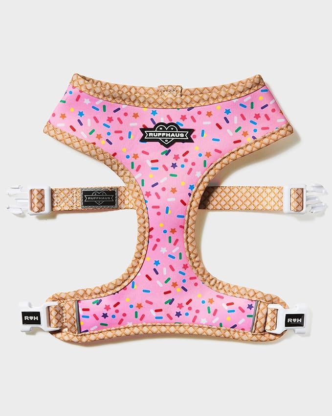 Ruffhaus NYC Pink Sprinkles Reversible Dog Harness, Ice Cream Waffle Cone, Banana Split Printed No Pull Harness Puppy Gift Girl Dog Birthday & Gotcha Day X-Small